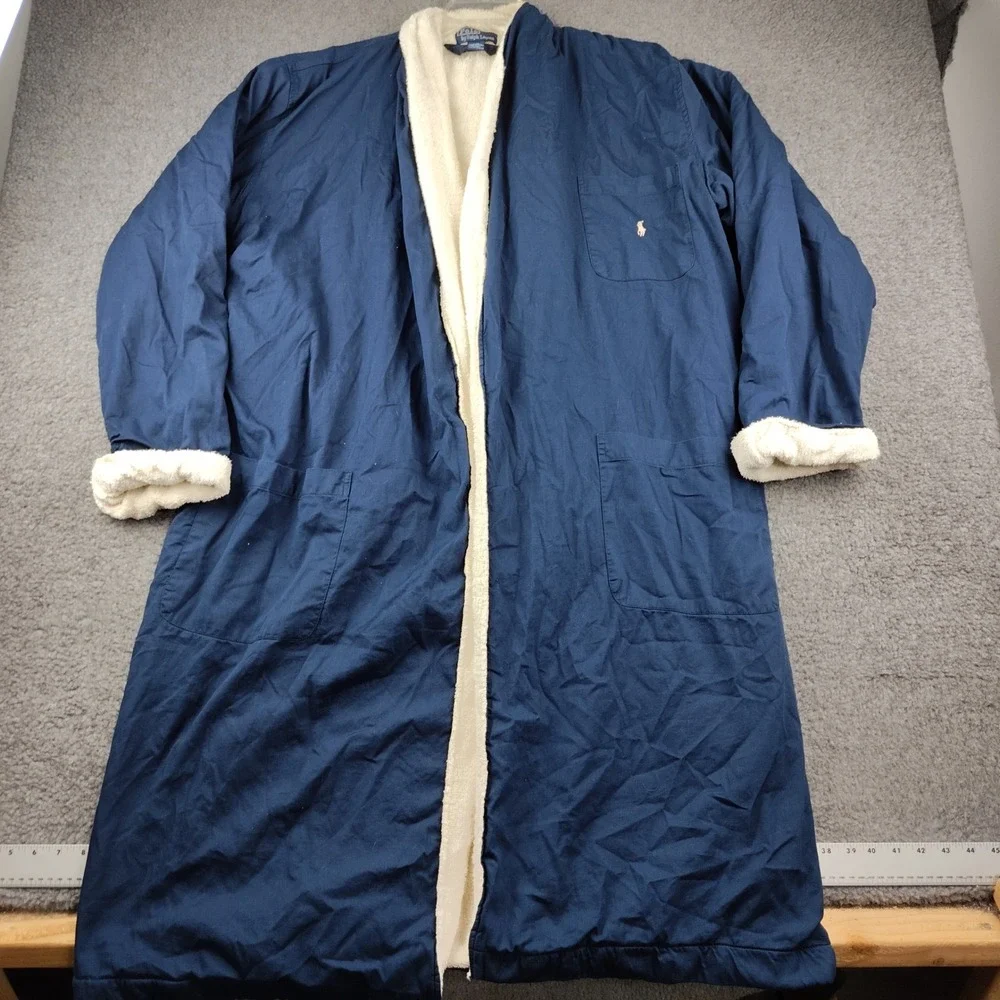 VTG Polo Ralph Lauren Robe Mens L/XL Navy Blue Fleece Lined Cotton Old Money EUC